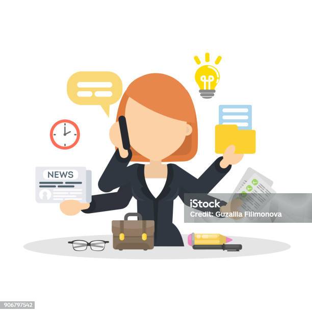 Businesswoman Multitasking At Work Place Stock Illustration - Download Image Now - Multi-Tasking, Overworked, Busy