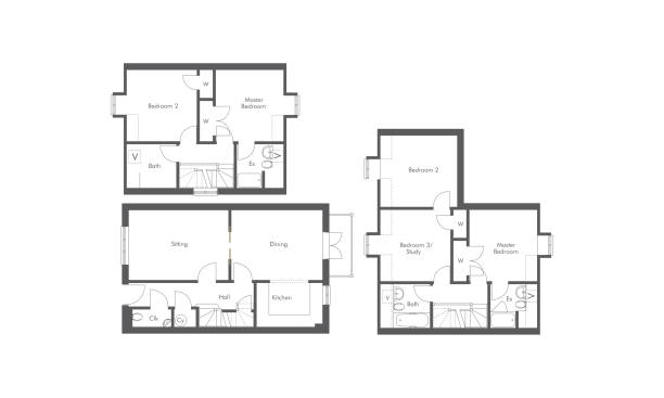 1 bed, 2 bed and 3 bed apartment floorplans generic apartment floorplans drawn in architect CAD manner as vectors on white floor plan stock illustrations