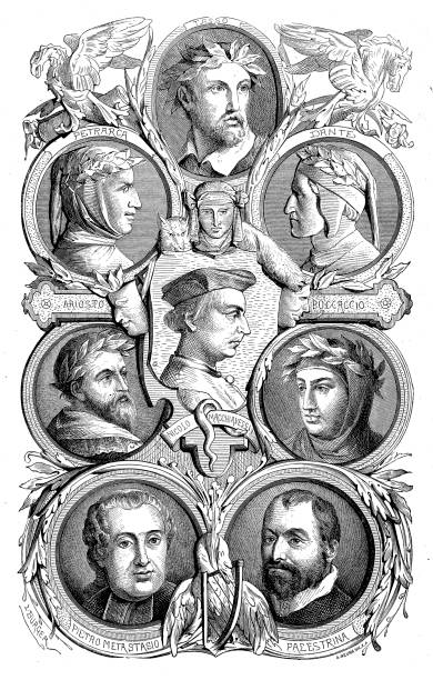 ilustrações de stock, clip art, desenhos animados e ícones de italian poets: tasso, petrarch, ariosto, pietro metastasio, dante, boccaccio, palestrina, nicolo macchiavessiv - giovanni boccaccio