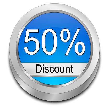 glossy blue 50% discount button - 3D illustration