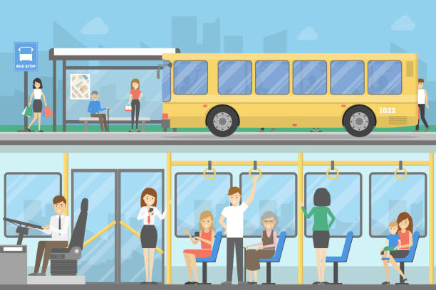 ilustraciones, imágenes clip art, dibujos animados e iconos de stock de sistema de parada de autobús. - bus transportation indoors people
