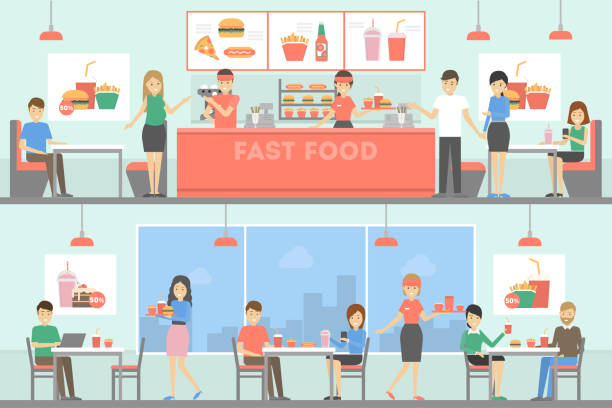 Fast food restaurant interior set with people. Fast food restaurant interior set with people. Selling and buying burgers, fries and drinks. fast food stock illustrations