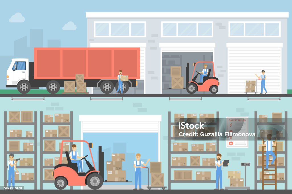 Warehouse building set. Warehouse building set. Interior and exterior with trucs and people. Warehouse stock vector