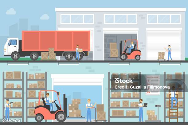 Warehouse Building Set Stock Illustration - Download Image Now - Warehouse, Truck, Freight Transportation