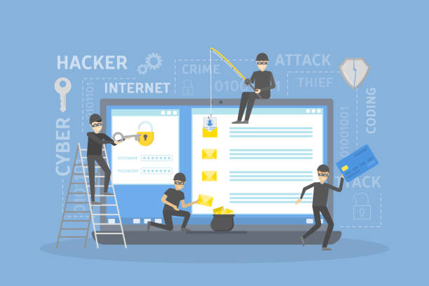 illustrazioni stock, clip art, cartoni animati e icone di tendenza di hacker che rapinano il computer. - internet symbol computer icon administrator