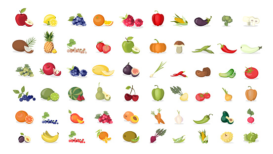 Fruits illustrations set on white background. Apples and bananas, coconuts and oranges and more.