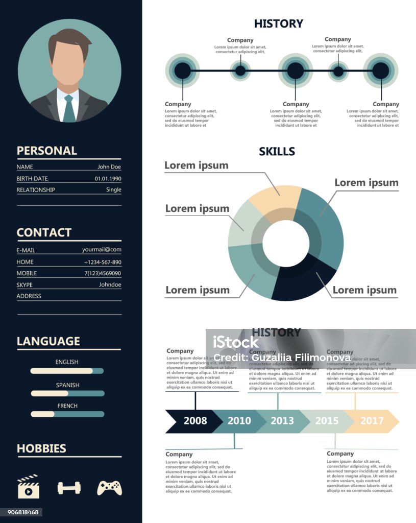 Male resume sample. Male resume sample. Skills and abilities, experience and appearance. Résumé stock vector