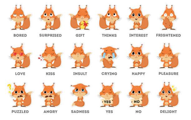 eichhörnchen emoji sticker-set auf weißem hintergrund. - eichhörnchen stock-grafiken, -clipart, -cartoons und -symbole