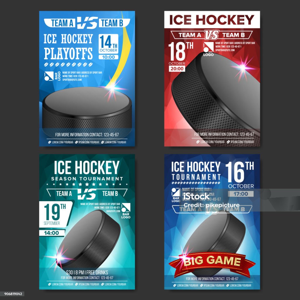 Ice Hockey Poster Set Vector. Design For Sport Bar Promotion. Ice Hockey Puck. Modern Tournament. Sport Event Announcement. Banner Advertising. Label Template Illustration Ice Hockey Poster Vector. Design For Sport Bar Promotion. Ice Hockey Puck. A4 Size. Modern Winter Championship Tournament. Game Illustration Hockey stock vector