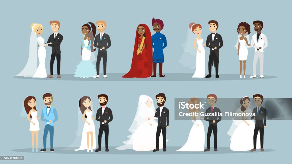 Wedding couple set. Wedding couple set. People of different cultures. Wedding stock vector