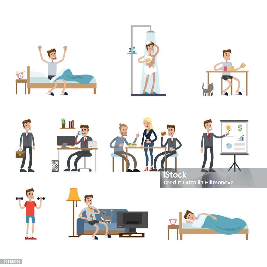 Man's daily routine. Man's daily routine at home and at work. Recreational Pursuit stock vector