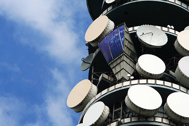 Satellite dishes on top of the BT Tower, London stock photo