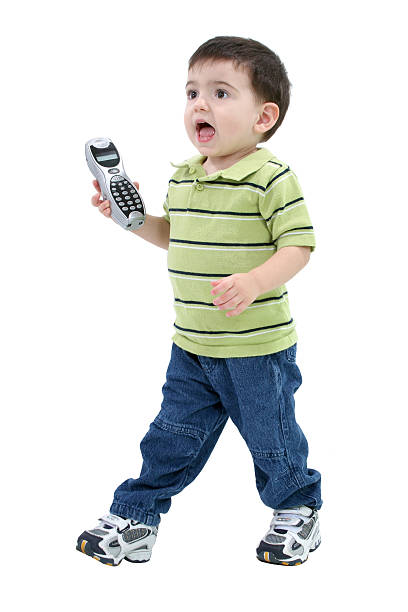 istock Adorable Boy Bring Phone To Mom Over White 90683380