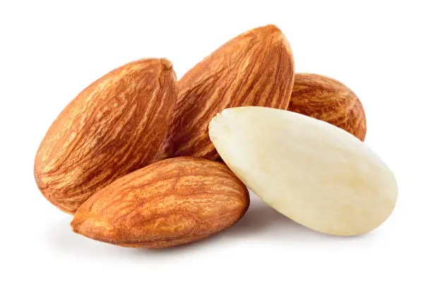 Almond isolated. Almonds on white background. Full depth of fielda