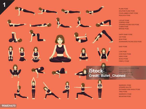 Manga Yoga Woman Easy Poses Set Cartoon Vector Illustration Stock Illustration - Download Image Now