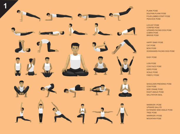manga yoga mann einfach stellt set cartoon-vektor-illustration - bergposition stock-grafiken, -clipart, -cartoons und -symbole