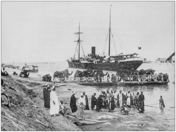 Antique photograph of World's famous sites: Suez Canal, Egypt Antique photograph of World's famous sites: Suez Canal, Egypt 1890 stock illustrations