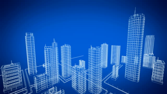 Flying Over the Growing City. Beautiful 3d Blueprint of Contemporary Buildings. Blue color 3d animation. Construction and Technology Concept.