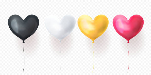 ilustraciones, imágenes clip art, dibujos animados e iconos de stock de globo corazón aislado globos brillantes para el día de san valentín, boda o diseño de tarjeta de felicitación de cumpleaños. vector corazón helio globo negro, blanca, amarillo y rosa decoración en fondo transparente - balloon pink black anniversary