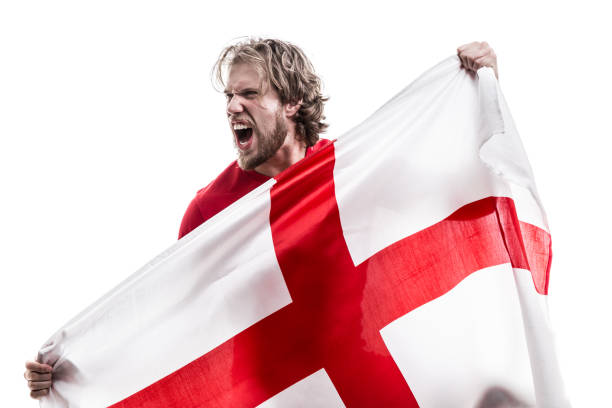 english male athlete / fan celebrating on white background - fan sport football male imagens e fotografias de stock