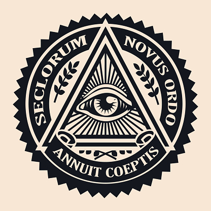 Eye of Providence. Masonic symbol. Conspiracy theory. parchment, space. seclorum, novus ordo, annuit coeptis