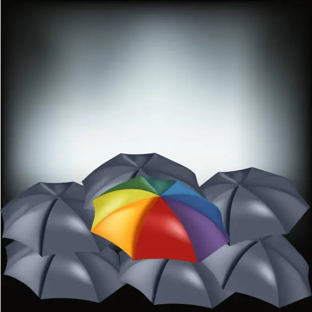 Vector illustration of Vector set of black classic open round umbrella top view from the front close-up in the middle of a colored outdoor umbrella.
