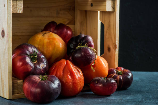 istock Ripe fresh tomatoes in wooden harvest box 906851112