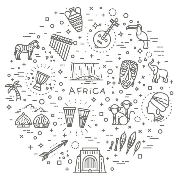 Set of african ethnic style icons in flat style Africa jungle ethnic culture travel icons set outline isolated vector illustration tam o'shanter stock illustrations