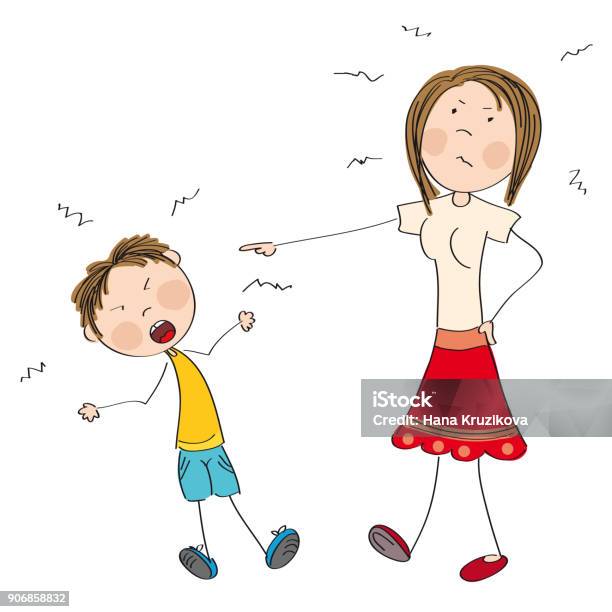 Mother Angry With Her Naughty Son Telling Him Off Original Hand Drawn Illustration Stock Illustration - Download Image Now