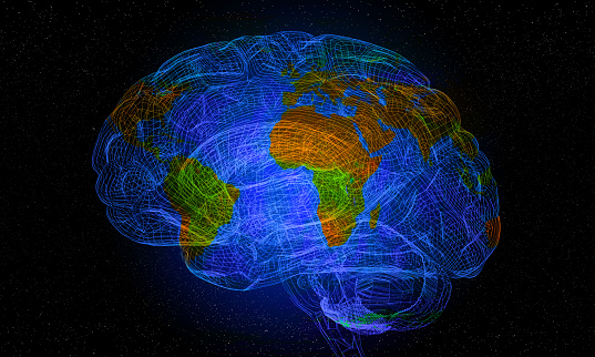 3d Futuristic Wireframe Human Brain Model with world map on black background. ( 3d render )