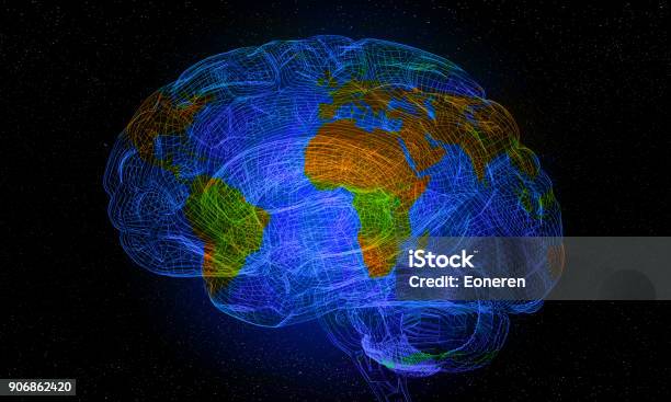 3d Futuristic Wireframe Human Brain With World Map Stock Photo - Download Image Now - Globe - Navigational Equipment, World Map, Intelligence