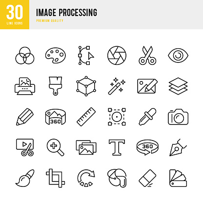 Set of 30 Image Processing thin line vector icons.