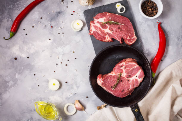 istock Raw meat steak with seasonings on concrete background. Space for text. Steak ready for cooking. Barbecue concept. Ingredients for meat roasting. 906871012