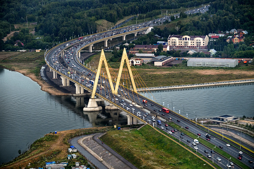 Helicopter point of view of Millennium bridge in Kazan, capital of Republic of Tatarstan, Russia.