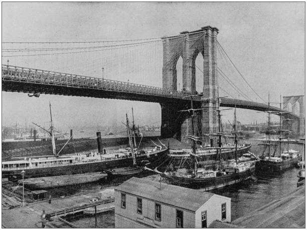 illustrazioni stock, clip art, cartoni animati e icone di tendenza di fotografia antica dei siti famosi del mondo: ponte di brooklyn, new york - 1900