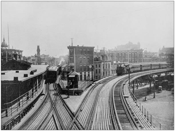 世界の有名なサイトのアンティーク写真: 高架鉄道、ニューヨーク - 1900年点のイラスト素材／クリップアート素材／マンガ素材／アイコン素材