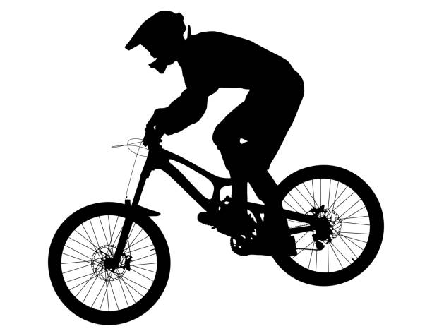 A11V6655 athlete rider on bike mountain biking black silhouette mountain biking stock illustrations