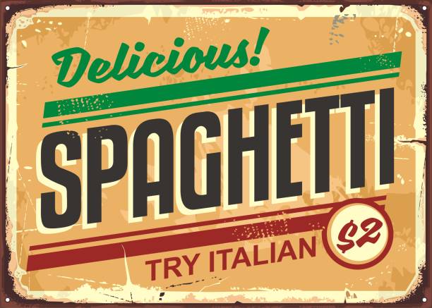illustrazioni stock, clip art, cartoni animati e icone di tendenza di delizioso cartello vintage per spaghetti meal - ragù