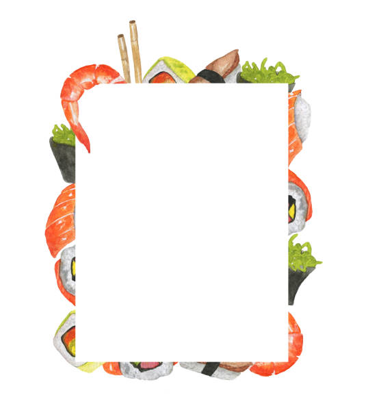 illustrazioni stock, clip art, cartoni animati e icone di tendenza di carta fatta di sushi acquerello disegnato a mano. illustrazione gastronomica giapponese - temaki food sushi salmon