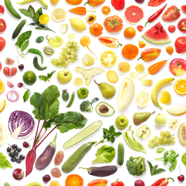 istock Seamless pattern of various fresh vegetables and fruits isolated on white background 906902960