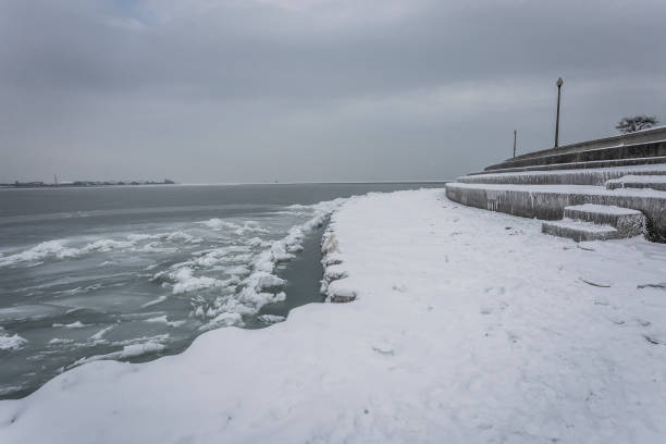 istock Snow covered walkway next to lake with ice sheets 906908926