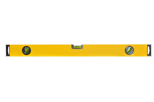 Building level metal yellow with three indicator bubbles isolated on white background. Front view