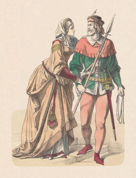 German nobility: castle women and knight as hunter, 14th century German nobility, castle woman and knight in hunting dress, 14th century. Hand colored wood engraving, published c. 1880. two men hunting stock illustrations