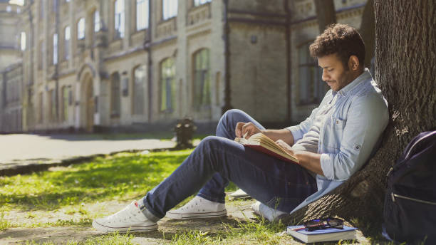 istock Mixed-race guy sitting under tree in park, reading book, leisure time, hobby 906954408