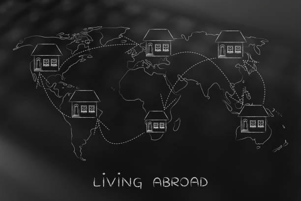 moving house across the world, expat life concet of moving to foreign countries and living as expat: house icon with arrows changing position on map of the world many times expatriate photos stock pictures, royalty-free photos & images