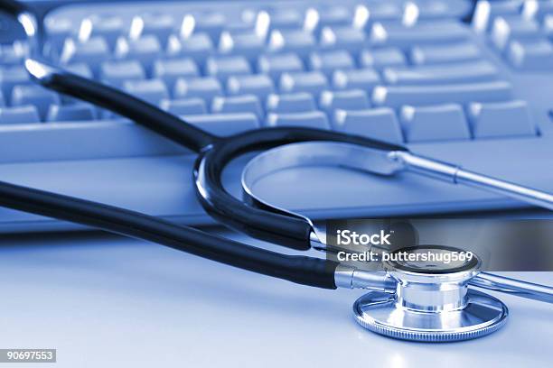 Stethoscope By Computer Keyboard Stock Photo - Download Image Now - Black And White, Close-up, Color Image