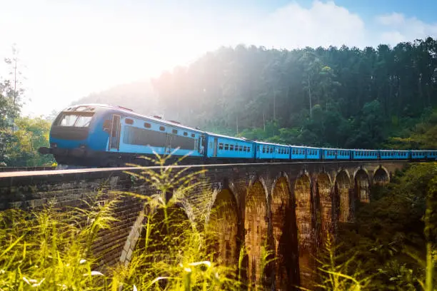 Train passing viaduct named Nine Arches Bridges near the town of Ella, Sri Lanka