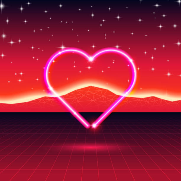 ilustrações de stock, clip art, desenhos animados e ícones de 80s styled retro futuristic card with neon heart in computer world - nerd technology old fashioned 1980s style