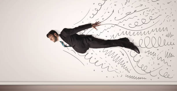 istock Business man flying with hand drawn lines comming out 907014092