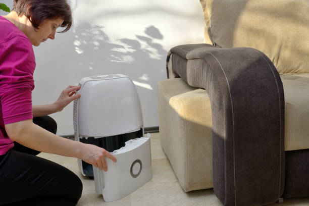 Portable dehumidifier collect water from air inside of living room stock photo